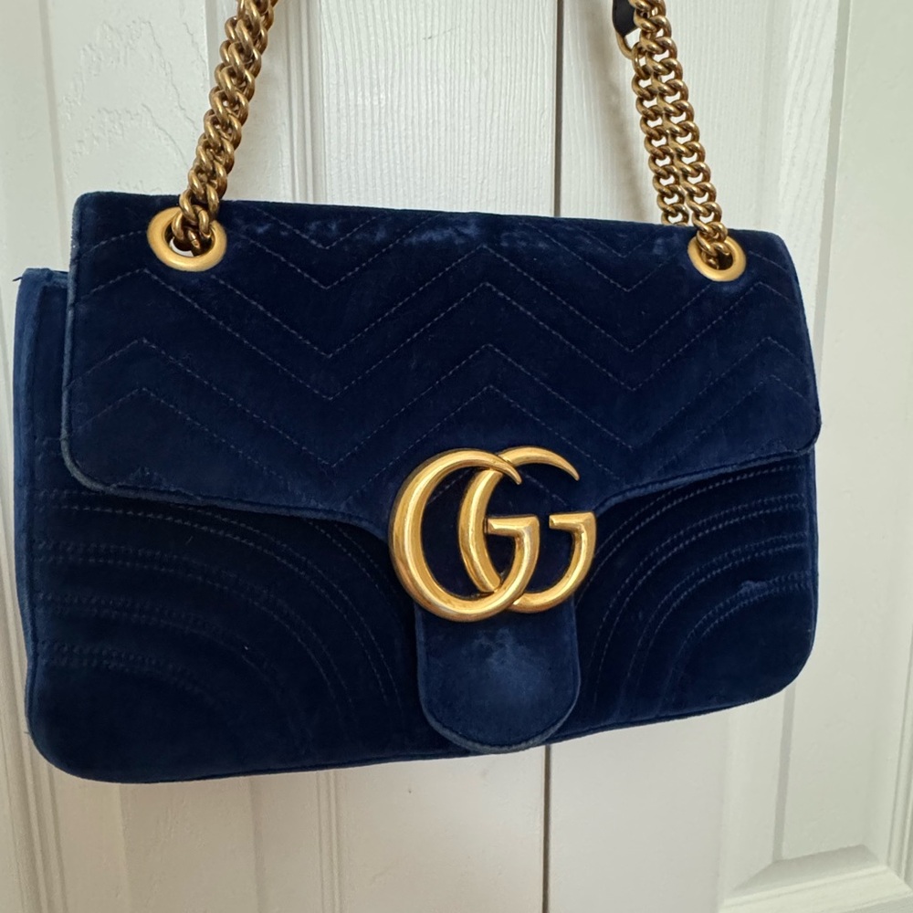 Gucci Navy Velvet Marmont Matelasse Shoulder Bag